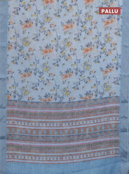 Linen cotton saree light blue with allover floral prints & sequin work and silver zari woven border
