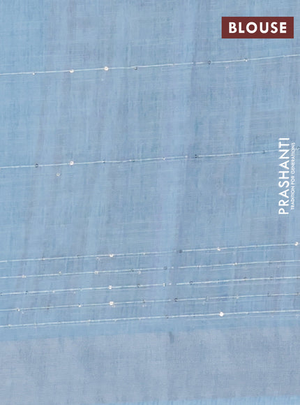 Linen cotton saree light blue with allover floral prints & sequin work and silver zari woven border