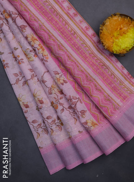 Linen cotton saree peach pink and light pink with allover floral prints & sequin work and silver zari woven border