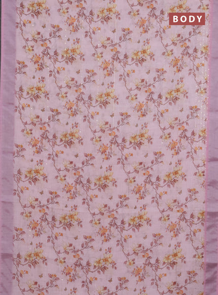 Linen cotton saree peach pink and light pink with allover floral prints & sequin work and silver zari woven border