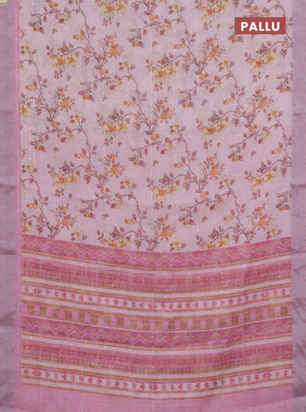 Linen cotton saree peach pink and light pink with allover floral prints & sequin work and silver zari woven border