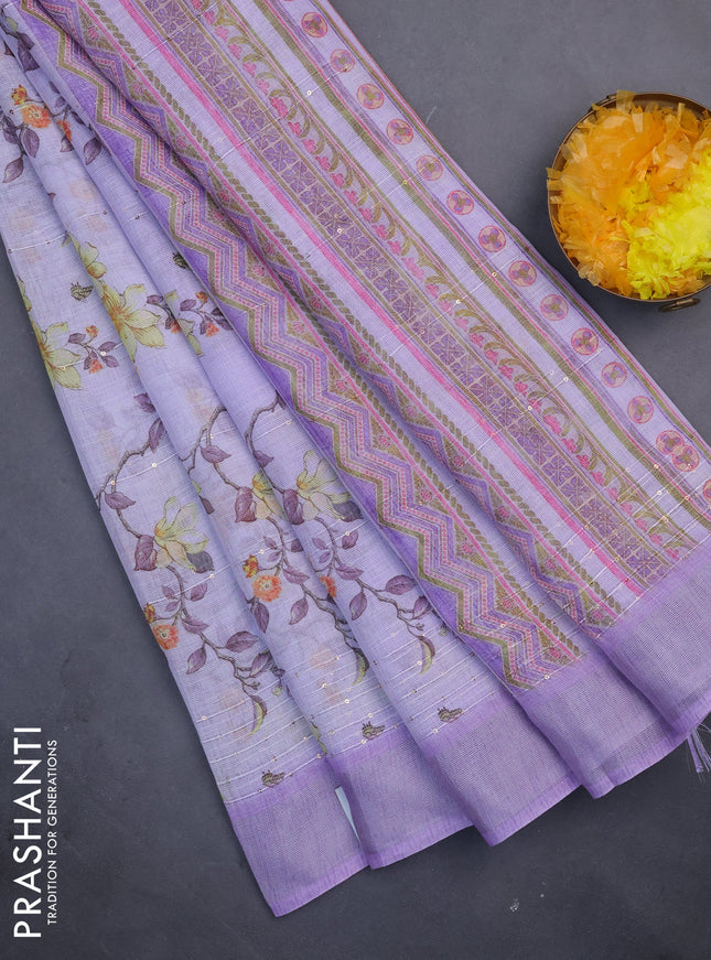 Linen cotton saree lavender with allover floral prints & sequin work and silver zari woven border