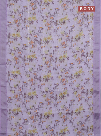 Linen cotton saree lavender with allover floral prints & sequin work and silver zari woven border