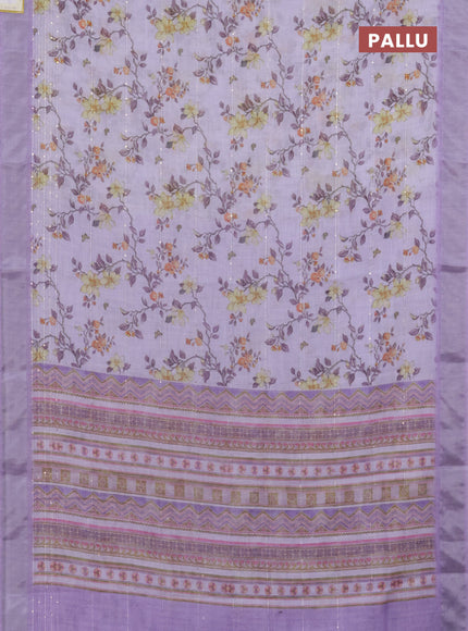 Linen cotton saree lavender with allover floral prints & sequin work and silver zari woven border
