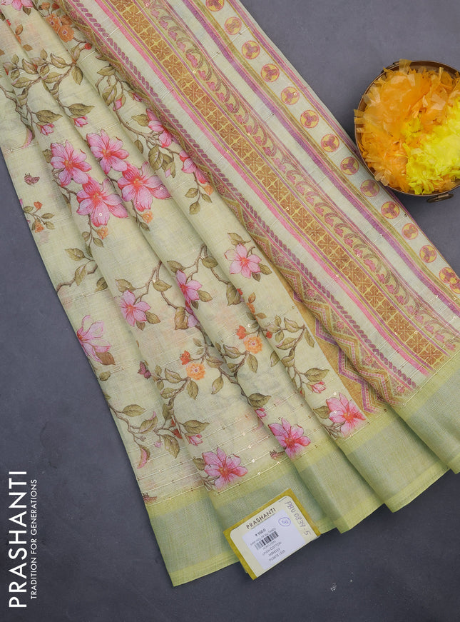 Linen cotton saree lime yellow with allover floral prints & sequin work and silver zari woven border