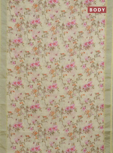 Linen cotton saree lime yellow with allover floral prints & sequin work and silver zari woven border