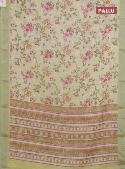 Linen cotton saree lime yellow with allover floral prints & sequin work and silver zari woven border