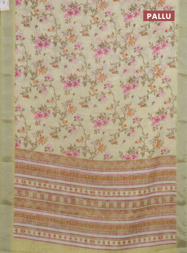 Linen cotton saree lime yellow with allover floral prints & sequin work and silver zari woven border