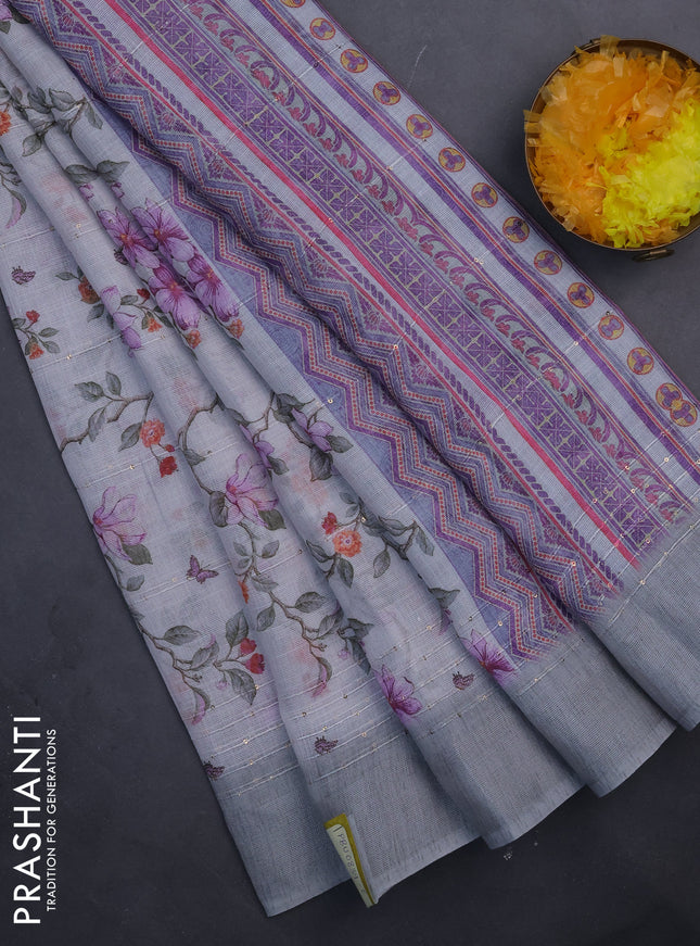 Linen cotton saree pastel grey with allover floral prints & sequin work and silver zari woven border