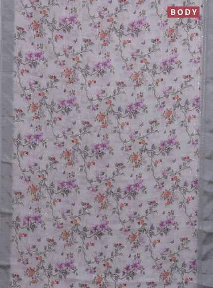 Linen cotton saree pastel grey with allover floral prints & sequin work and silver zari woven border