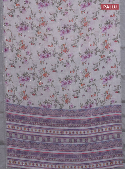 Linen cotton saree pastel grey with allover floral prints & sequin work and silver zari woven border