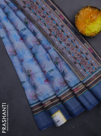 Linen cotton saree pastel blue with allover floral prints & sequin work and silver zari woven border