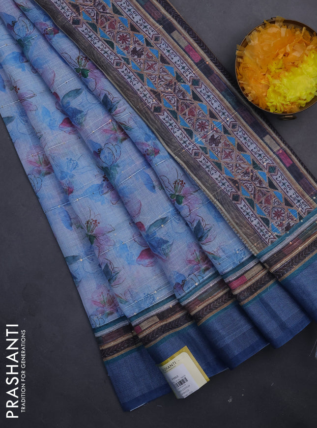 Linen cotton saree pastel blue with allover floral prints & sequin work and silver zari woven border