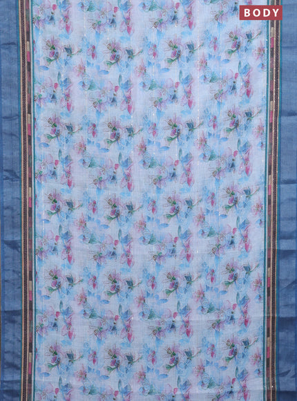 Linen cotton saree pastel blue with allover floral prints & sequin work and silver zari woven border