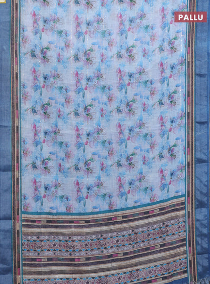 Linen cotton saree pastel blue with allover floral prints & sequin work and silver zari woven border