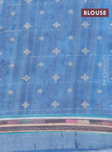 Linen cotton saree pastel blue with allover floral prints & sequin work and silver zari woven border