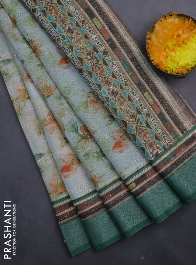 Linen cotton saree cream and green with allover floral prints & sequin work and silver zari woven border