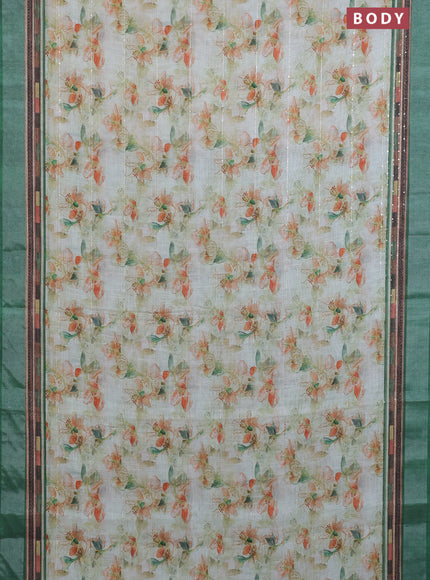 Linen cotton saree cream and green with allover floral prints & sequin work and silver zari woven border