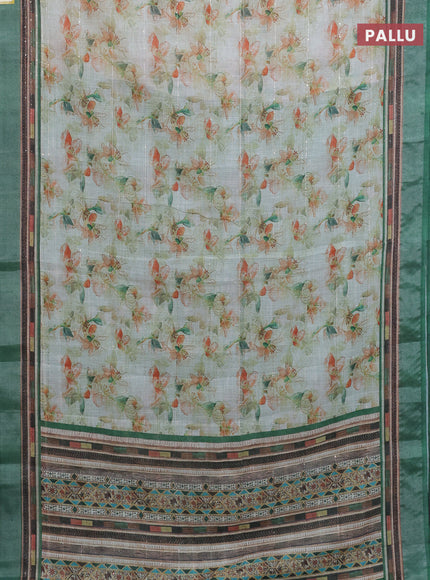 Linen cotton saree cream and green with allover floral prints & sequin work and silver zari woven border