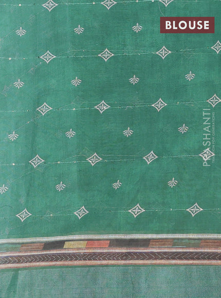 Linen cotton saree cream and green with allover floral prints & sequin work and silver zari woven border