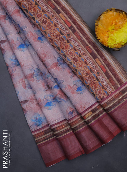 Linen cotton saree peach shade and maroon with allover floral prints & sequin work and silver zari woven border
