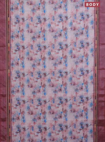 Linen cotton saree peach shade and maroon with allover floral prints & sequin work and silver zari woven border