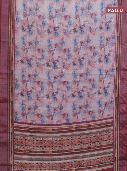 Linen cotton saree peach shade and maroon with allover floral prints & sequin work and silver zari woven border