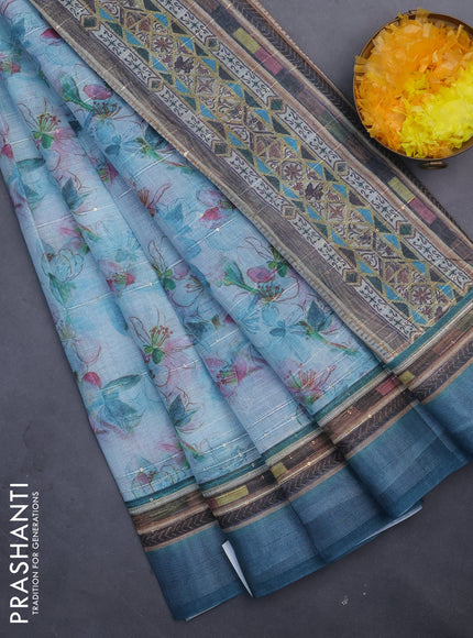 Linen cotton saree teal blue with allover floral prints & sequin work and silver zari woven border