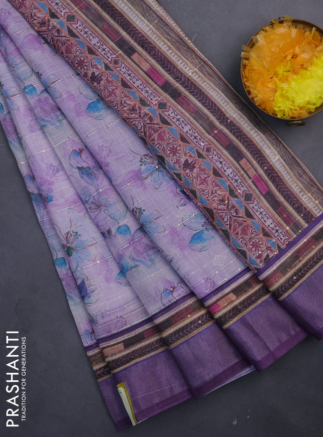 Linen cotton saree pastel lavender and purple with allover floral prints & sequin work and silver zari woven border