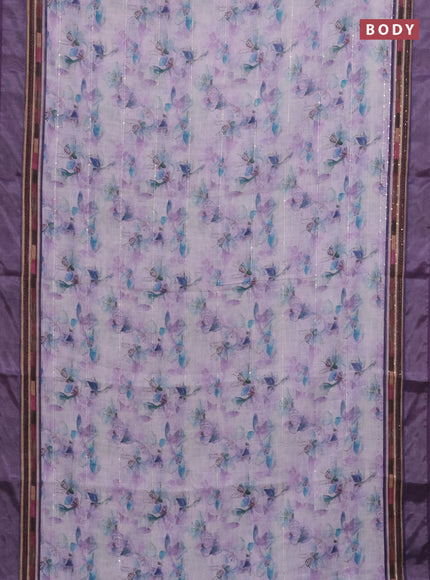 Linen cotton saree pastel lavender and purple with allover floral prints & sequin work and silver zari woven border