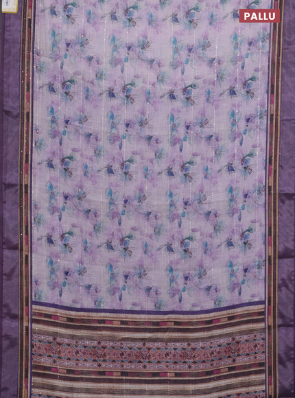 Linen cotton saree pastel lavender and purple with allover floral prints & sequin work and silver zari woven border