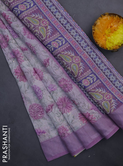 Linen cotton saree cream and purple with allover floral prints & sequin work and silver zari woven border