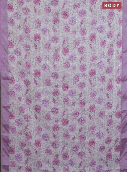Linen cotton saree cream and purple with allover floral prints & sequin work and silver zari woven border