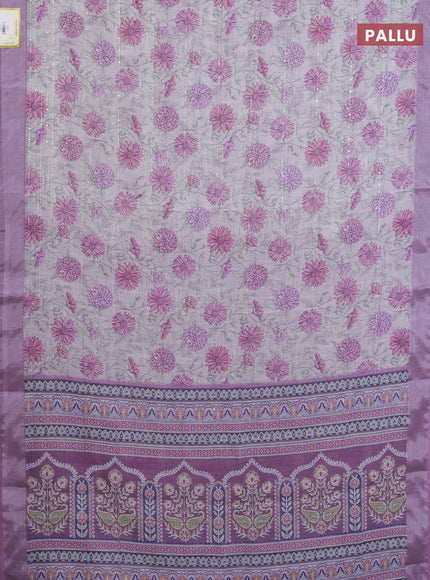 Linen cotton saree cream and purple with allover floral prints & sequin work and silver zari woven border