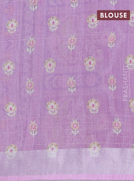 Linen cotton saree cream and purple with allover floral prints & sequin work and silver zari woven border