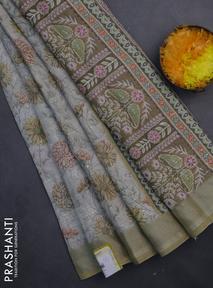 Linen cotton saree cream and sandal with allover floral prints & sequin work and silver zari woven border
