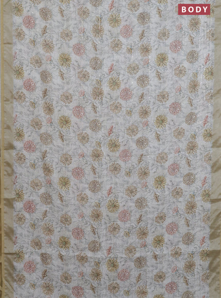 Linen cotton saree cream and sandal with allover floral prints & sequin work and silver zari woven border