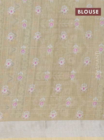 Linen cotton saree cream and sandal with allover floral prints & sequin work and silver zari woven border