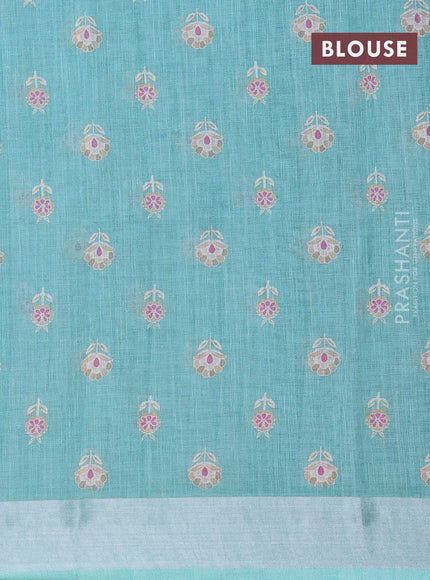 Linen cotton saree cream and teal green with allover floral prints & sequin work and silver zari woven border