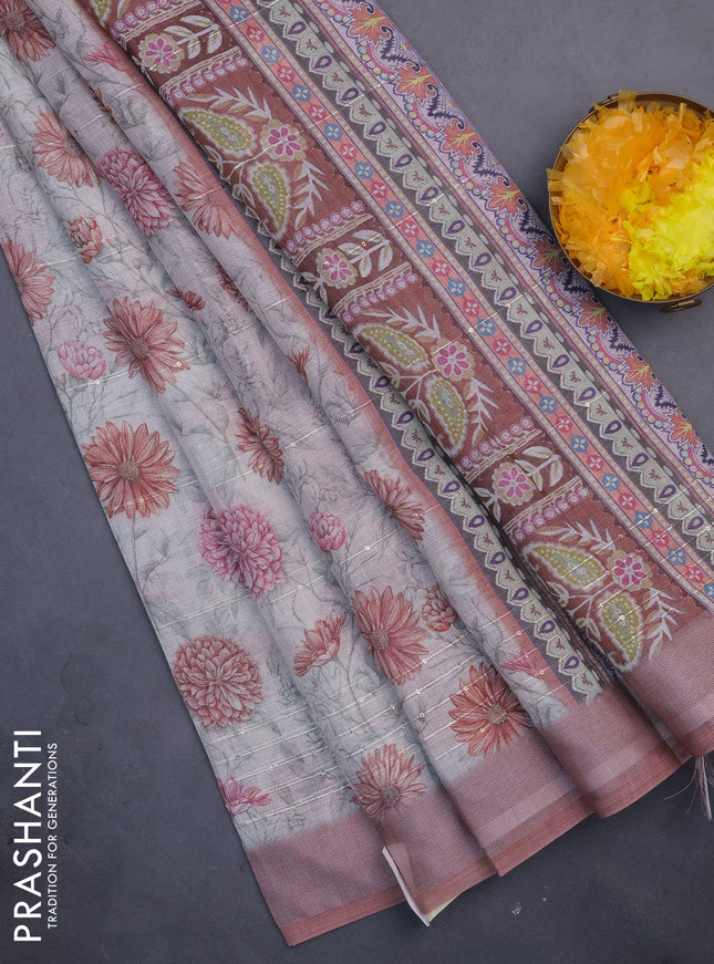 Linen cotton saree cream and pastel brown with allover floral prints & sequin work and silver zari woven border