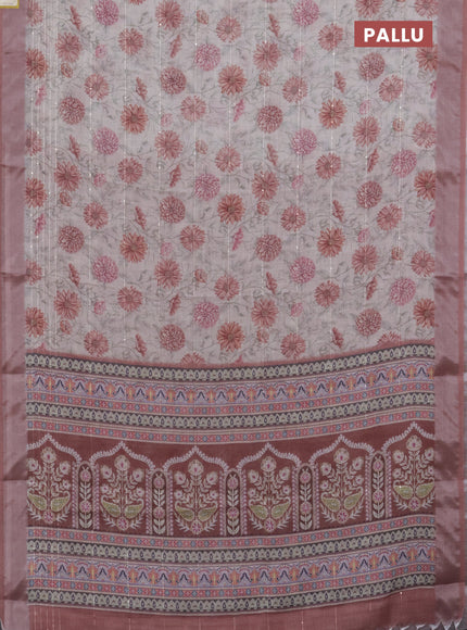 Linen cotton saree cream and pastel brown with allover floral prints & sequin work and silver zari woven border