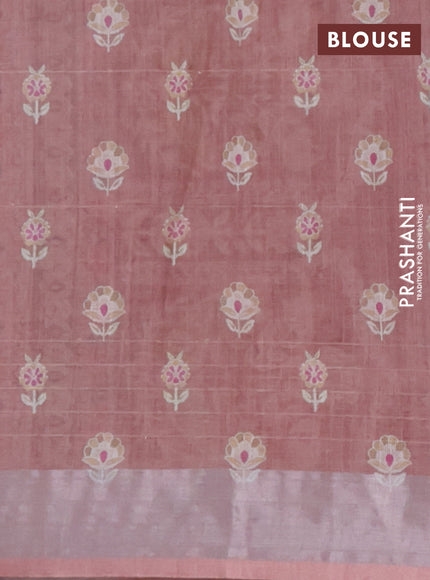 Linen cotton saree cream and pastel brown with allover floral prints & sequin work and silver zari woven border