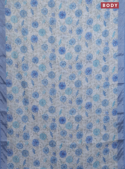 Linen cotton saree cream and blue with allover floral prints & sequin work and silver zari woven border