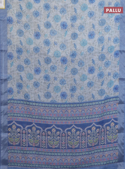 Linen cotton saree cream and blue with allover floral prints & sequin work and silver zari woven border