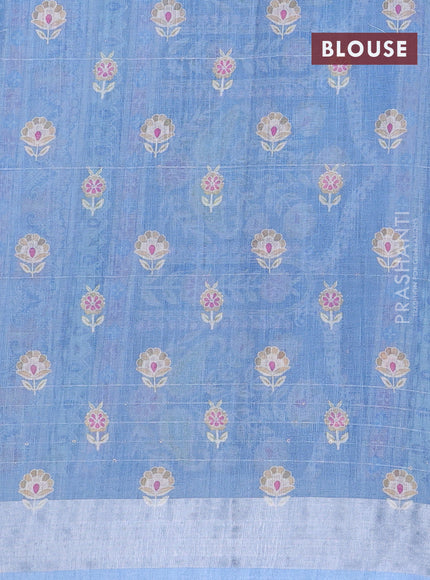 Linen cotton saree cream and blue with allover floral prints & sequin work and silver zari woven border