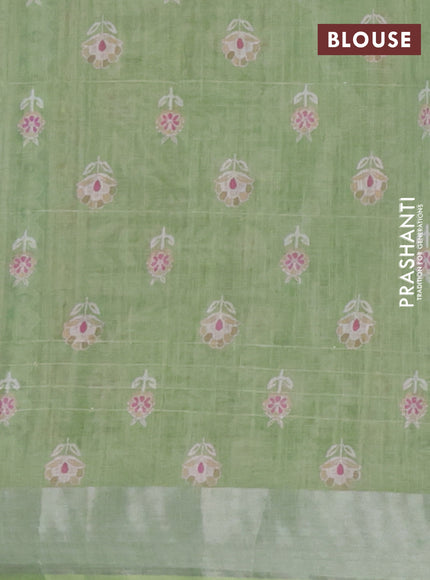 Linen cotton saree cream and green with allover floral prints & sequin work and silver zari woven border