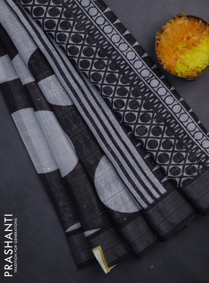 Linen cotton saree off white and black with geometric butta prints and silver zari woven border