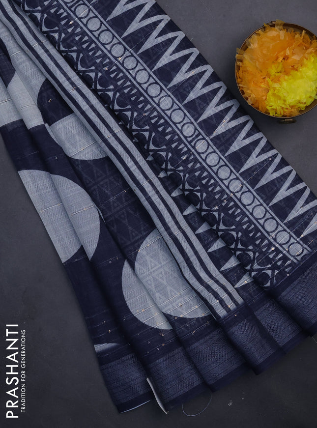 Linen cotton saree off white and navy blue with geometric butta prints and silver zari woven border