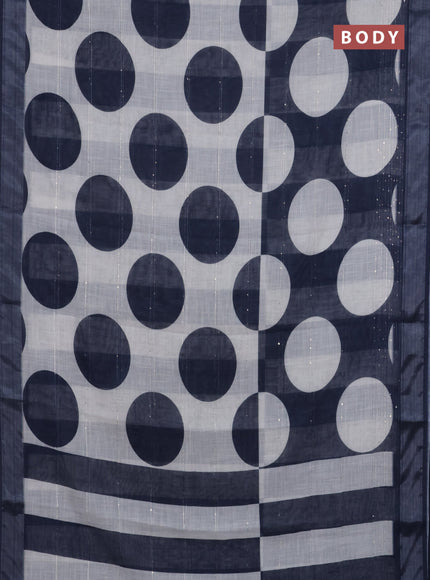Linen cotton saree off white and navy blue with geometric butta prints and silver zari woven border