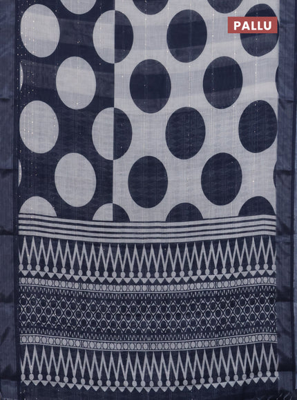 Linen cotton saree off white and navy blue with geometric butta prints and silver zari woven border